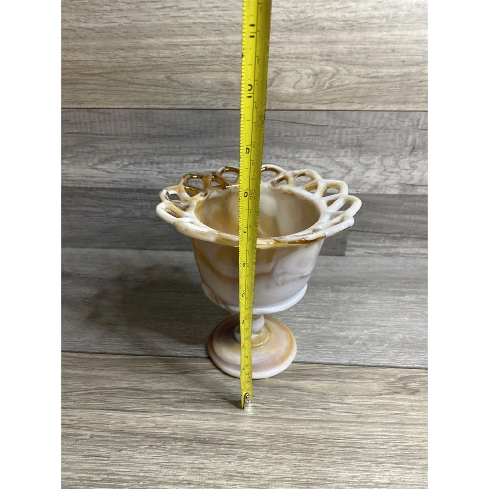 Vtg Laced Edge Imperial Slag Glass Caramel  Pedestal Candy Dish Planter USA